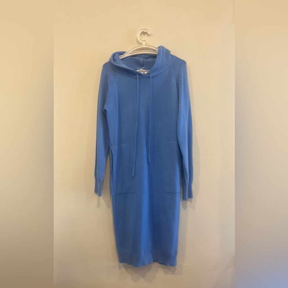 Blue Knit Sweater with Hood Dress